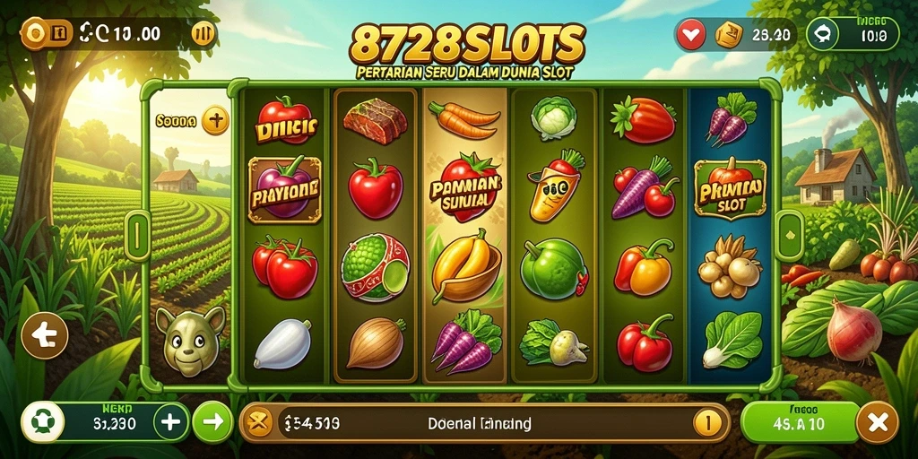 Tampilan gameplay menarik dari 8728SLOTS dengan unsur pertanian dan slot.